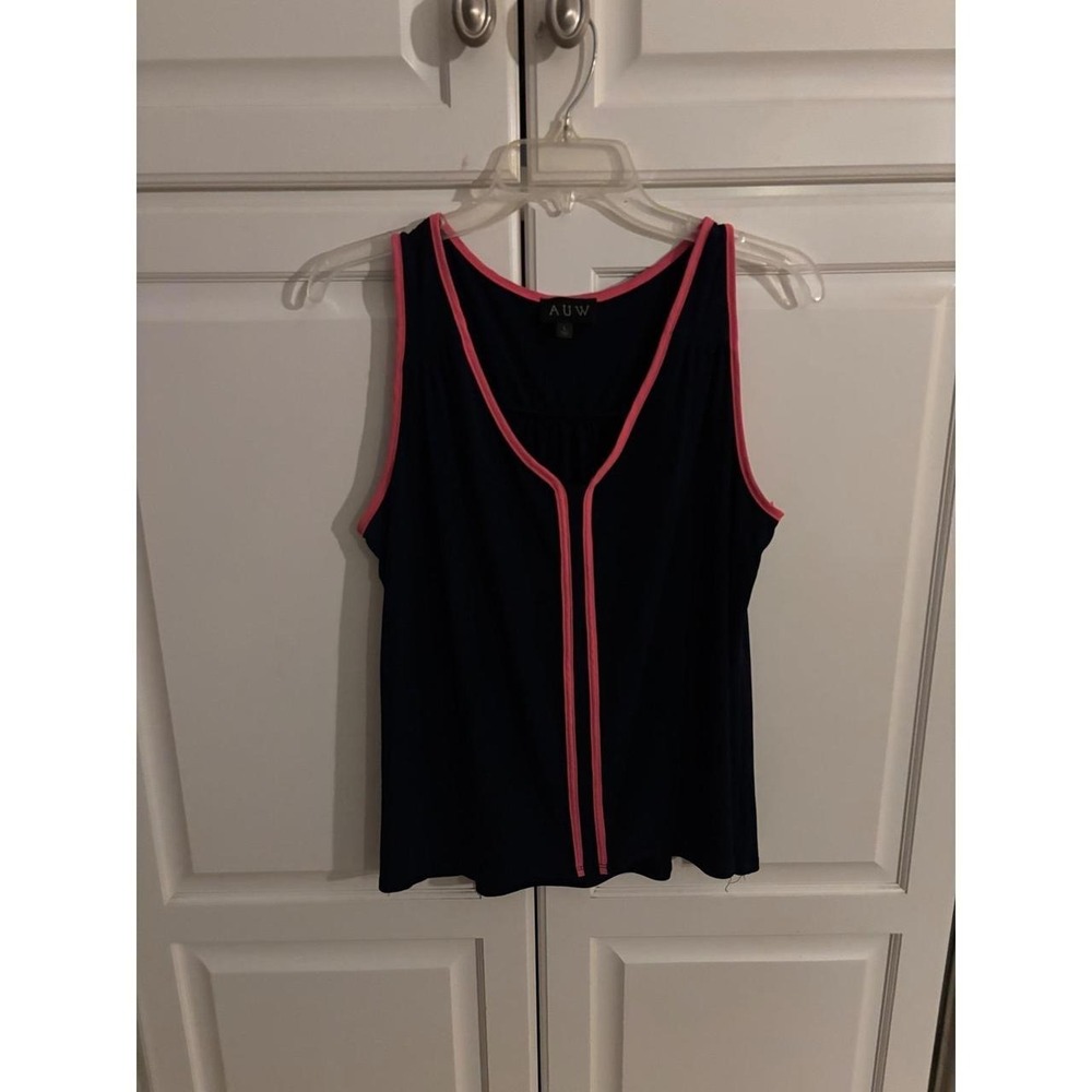 AUW Womens Navy Blue Sleeveless Tank Top Pink Contrast Trim Split Neck Large
